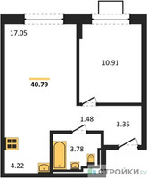 Планировка однокомнатной(квартира) площадью 40.79 квадратных метров в “ЖК Богдановский Лес”