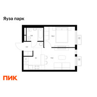 Планировка однокомнатной(квартира) площадью 34 квадратных метров в “ЖК Яуза Парк (Мытищи)”