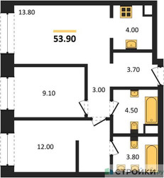 Планировка двухкомнатной(квартира) площадью 53.9 квадратных метров в ЖК “ЖК Voice Towers (Войс Тауэрс)”