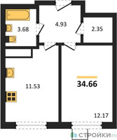 Планировка однокомнатной(квартира) площадью 34.66 квадратных метров в “ЖК Новотомилино”