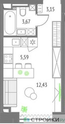 Планировка студии(квартира) площадью 24.85 квадратных метров в “ЖК Upside Towers (Апсайд Тауэрс)”