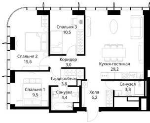 Планировка трехкомнатной(квартира) площадью 85.5 квадратных метров в ЖК “ЖК Сити Бэй”