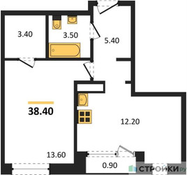 Планировка однокомнатной(квартира) площадью 38.4 квадратных метров в ЖК “ЖК Новая Щербинка”