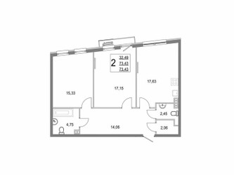 Планировка двухкомнатной(квартира) площадью 73.4 квадратных метров в ЖК “ЖК Эльйон”