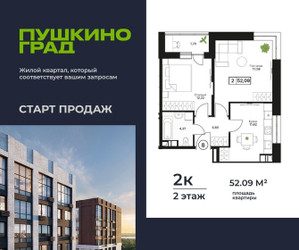 Планировка двухкомнатной(квартира) площадью 52.09 квадратных метров в ЖК “ЖК Пушкино Град”
