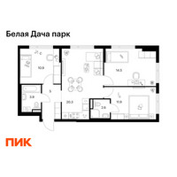 Планировка трехкомнатной(квартира) площадью 69.1 квадратных метров в “ЖК Белая Дача парк”