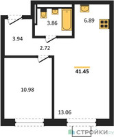 Планировка однокомнатной(квартира) площадью 41.45 квадратных метров в “ЖК Квартал Западный”
