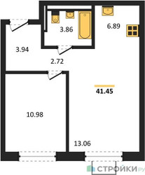 Планировка однокомнатной(квартира) площадью 41.45 квадратных метров в ЖК “ЖК Квартал Западный”