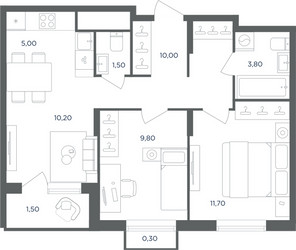 Планировка трехкомнатной(квартира) площадью 53.6 квадратных метров в ЖК “ЖК Равновесие”
