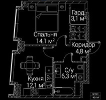 Планировка однокомнатной(квартира) площадью 40.4 квадратных метров в “ЖК СЕЗАР БУДУЩЕЕ”