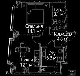 Планировка однокомнатной(квартира) площадью 40.4 квадратных метров в ЖК “ЖК СЕЗАР БУДУЩЕЕ”