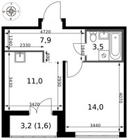 Планировка однокомнатной(квартира) площадью 38 квадратных метров в “ЖК 1-й Саларьевский (Первый Саларьевский)”