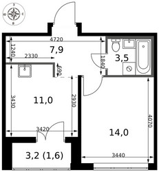 Планировка однокомнатной(квартира) площадью 38 квадратных метров в ЖК “ЖК 1-й Саларьевский (Первый Саларьевский)”