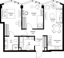 Планировка двухкомнатной(квартира) площадью 64.5 квадратных метров в “Дом премиум-класса МИРА”