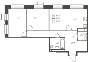Планировка двухкомнатной(квартира) площадью 71 квадратных метров в ЖК “ЖК Новая Ивантеевка”