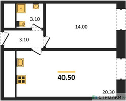 Планировка однокомнатной(квартира) площадью 40.5 квадратных метров в “ЖК ЗИЛАРТ”
