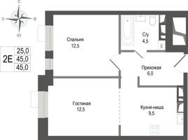 Планировка двухкомнатной(квартира) площадью 45 квадратных метров в “ЖК КИНОКВАРТАЛ”