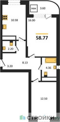 Планировка двухкомнатной(квартира) площадью 58.77 квадратных метров в ЖК “Ласточкино”