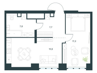 Планировка однокомнатной(квартира) площадью 52.5 квадратных метров в ЖК “ЖК Левел Южнопортовая”