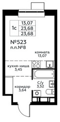 Планировка студии(квартира) площадью 23.68 квадратных метров в ЖК “Новоград Павлино”