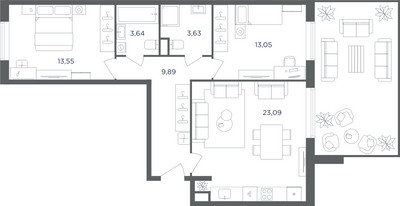 Планировка трехкомнатной(квартира) площадью 66.7 квадратных метров в ЖК “ЖК Равновесие”