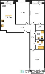 Планировка трехкомнатной(квартира) площадью 79.5 квадратных метров в ЖК “ЖК Новая Щербинка”