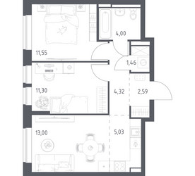 Планировка двухкомнатной(квартира) площадью 53.25 квадратных метров в ЖК “ЖК Богдановский Лес”
