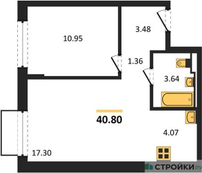 Планировка однокомнатной(квартира) площадью 40.8 квадратных метров в ЖК “ЖК Квартал Марьино”