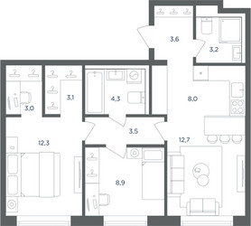 Планировка трехкомнатной(квартира) площадью 62.6 квадратных метров в ЖК “ЖК Равновесие”