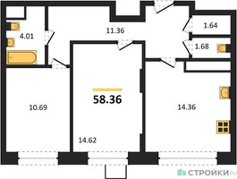 Планировка двухкомнатной(квартира) площадью 58.36 квадратных метров в “ЖК Новотомилино”