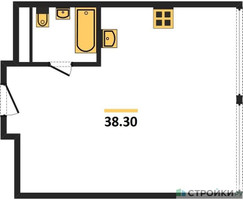 Планировка однокомнатной(апартаменты) площадью 38.3 квадратных метров в “ЖК Октябрьская 98 (MirrorЗдание)”