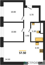 Планировка двухкомнатной(квартира) площадью 57.5 квадратных метров в ЖК “ЖК Квартал Метроном”