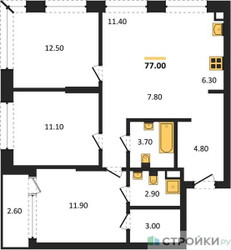 Планировка трехкомнатной(квартира) площадью 77.2 квадратных метров в ЖК “ЖК АЛИА”