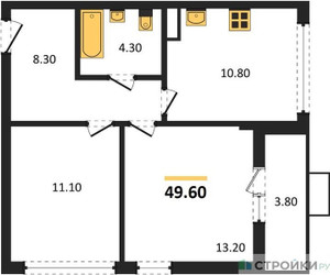 Планировка двухкомнатной(квартира) площадью 49.5 квадратных метров в ЖК “ЖК Бунинские кварталы”