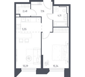 Планировка однокомнатной(апартаменты) площадью 47.83 квадратных метров в ЖК “ЖК Скай Спутник”