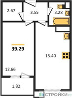 Планировка однокомнатной(апартаменты) площадью 39.29 квадратных метров в “ЖК Равновесие”