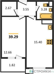 Планировка однокомнатной(апартаменты) площадью 39.29 квадратных метров в ЖК “ЖК Равновесие”