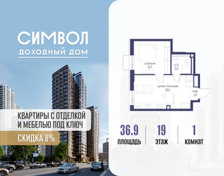 Планировка однокомнатной(квартира) площадью 36.9 квадратных метров в ЖК “ЖК Символ”