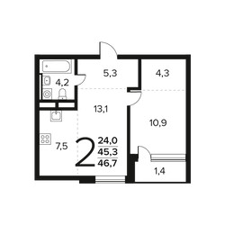 Планировка двухкомнатной(квартира) площадью 46.7 квадратных метров в ЖК “Новые Ватутинки. Заречный”