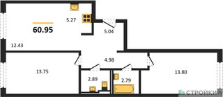 Планировка двухкомнатной(квартира) площадью 60.95 квадратных метров в “ЖК Мытищи Парк”