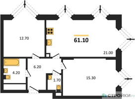 Планировка двухкомнатной(квартира) площадью 61.1 квадратных метров в “ЖК Wave (Вейв)”