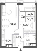 Планировка двухкомнатной(квартира) площадью 55.2 квадратных метров в “ЖК Will Towers (Вилл Тауэрс)”