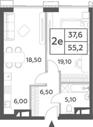Планировка двухкомнатной(квартира) площадью 55.2 квадратных метров в ЖК “ЖК Will Towers (Вилл Тауэрс)”