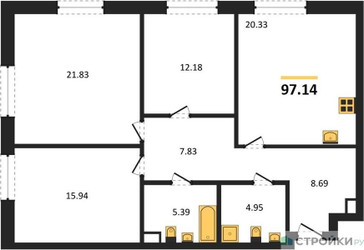 Планировка трехкомнатной(квартира) площадью 97.14 квадратных метров в ЖК “ЖК Sezar City (Сезар Сити)”