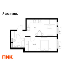 Планировка однокомнатной(квартира) площадью 38.9 квадратных метров в ЖК “ЖК Яуза Парк (Мытищи)”