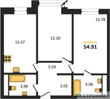 Планировка двухкомнатной(квартира) площадью 54.91 квадратных метров в “ЖК Городские Истории”