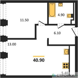 Планировка однокомнатной(квартира) площадью 40.9 квадратных метров в ЖК “ЖК INJOY (Инджой)”