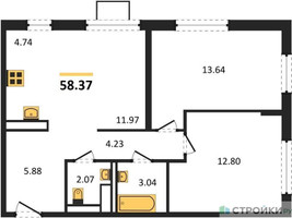 Планировка двухкомнатной(квартира) площадью 58.37 квадратных метров в “ЖК Прибрежный Парк”