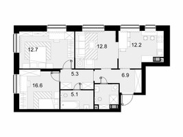 Планировка трехкомнатной(квартира) площадью 75.9 квадратных метров в “ЖК Трилогия Кристалл”