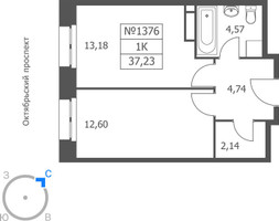 Планировка однокомнатной(апартаменты) площадью 37.23 квадратных метров в “ЖК Волковская 67”